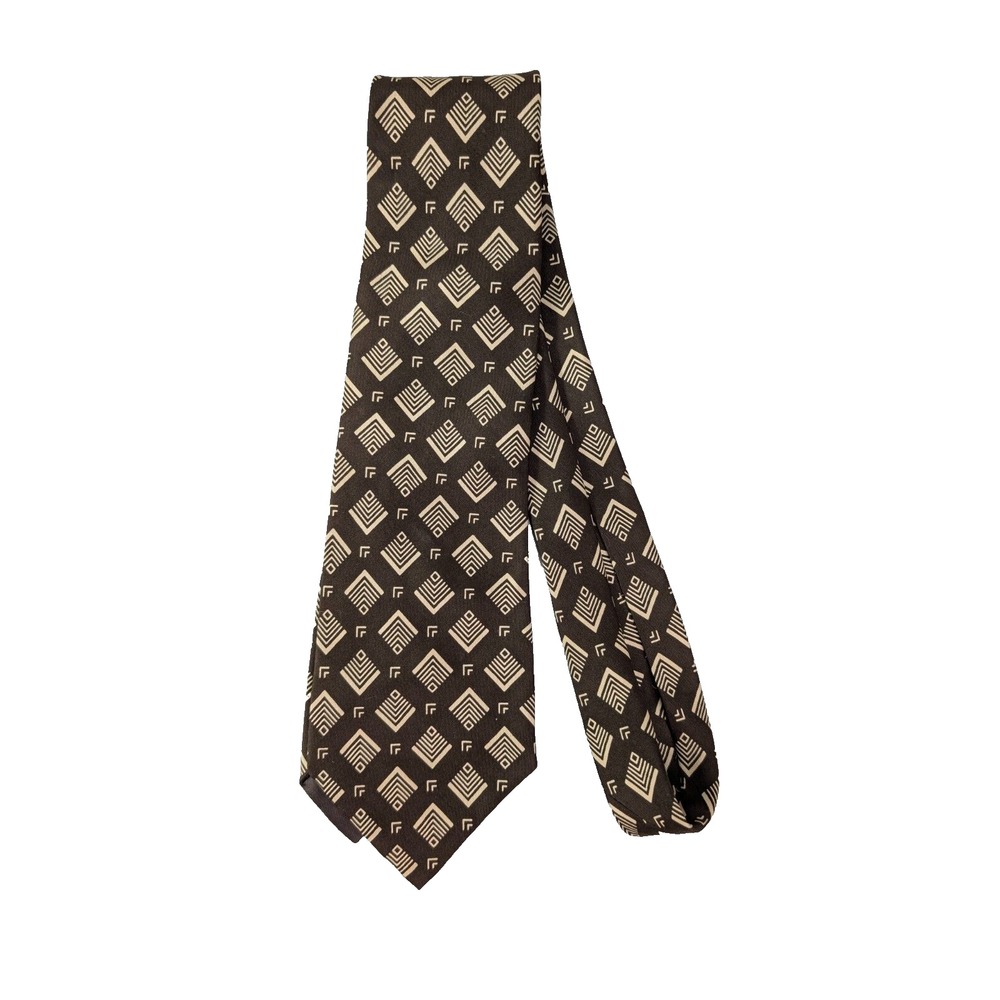 Bonwit‎ Teller Necktie Men's Brown Silk Tie Hand Printed Geometric Italy Formal